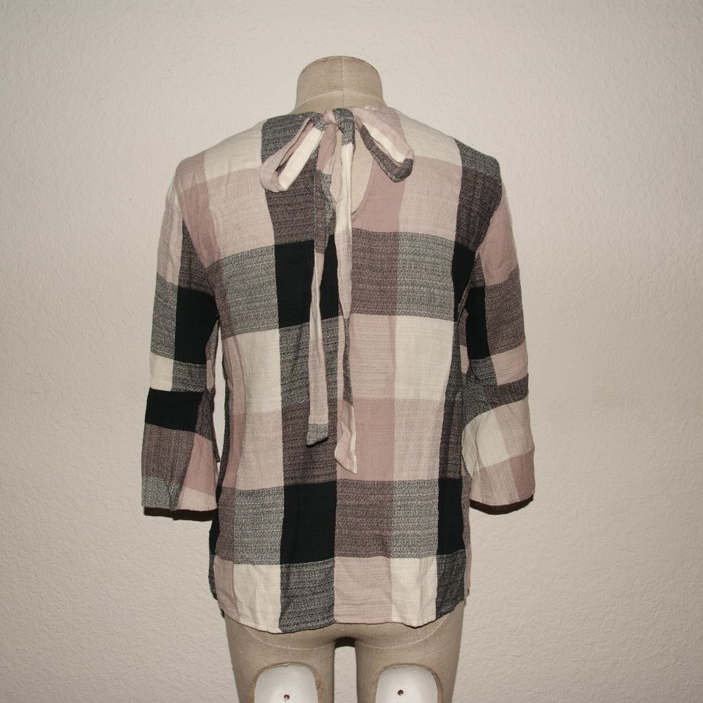 Anthro RO & DE Bell Sleeve Plaid Tie-Back Top sz S - Picture 5 of 10